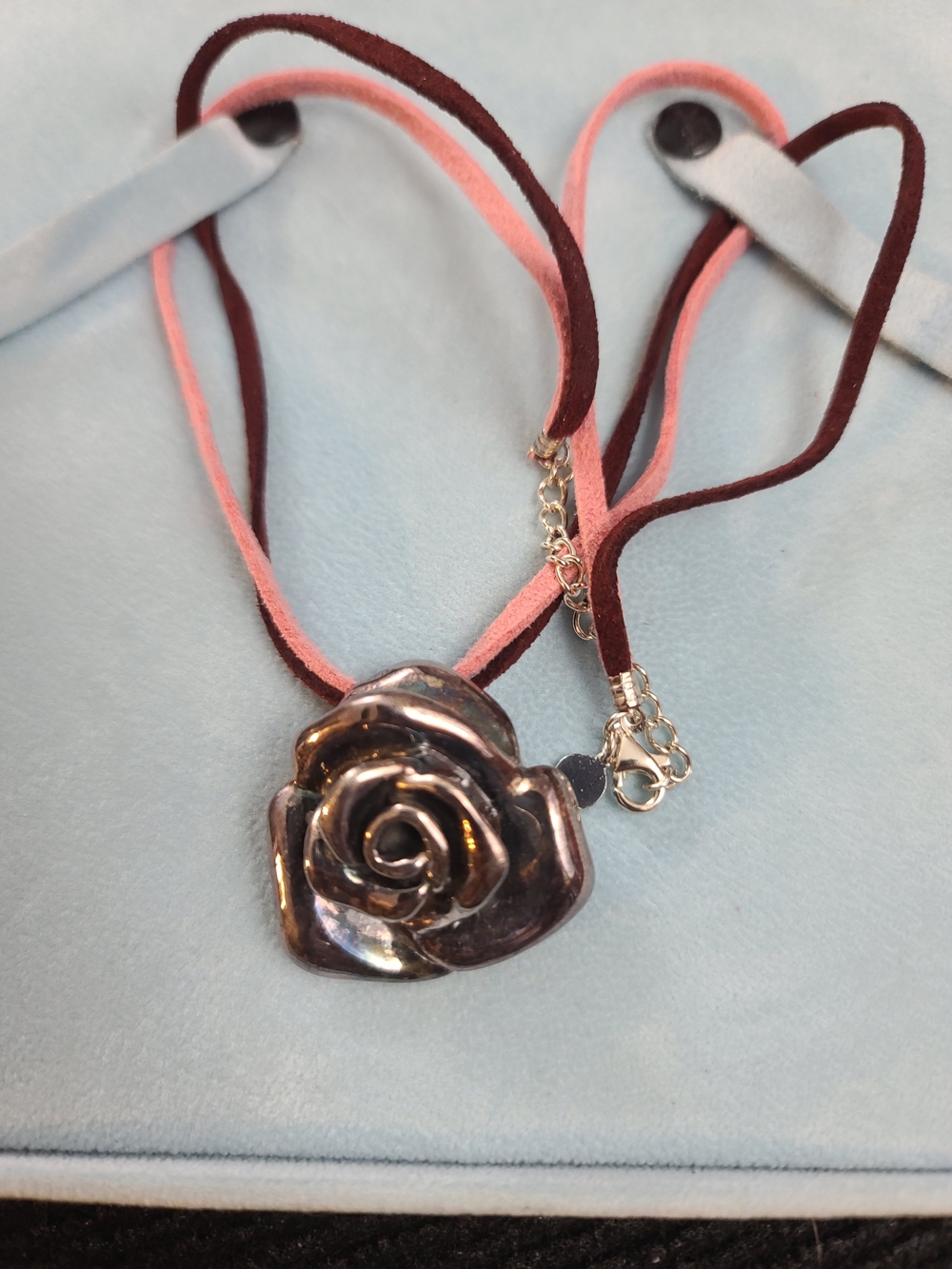 Two-Tone Suede Rose Pendant Necklace in Pink and Burgundy